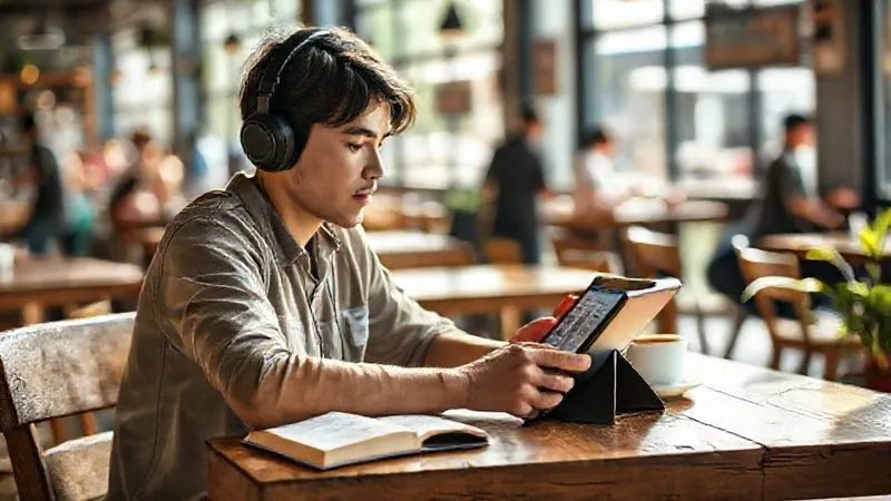 A photorealistic image of a digital nomad, focused and determined, sitting at a rustic wooden table in a vibrant, sunlit co-working café in Southeast Asia. They are wearing headphones, looking intently at a tablet displaying language learning apps, with a notebook open for vocabulary and a cup of coffee. The background shows blurred bustling activity, conveying a sense of immersive learning amidst a dynamic environment. Cinematic lighting, sharp focus on the person and tablet, depth of field, 8K hyper-detailed, professional photography.