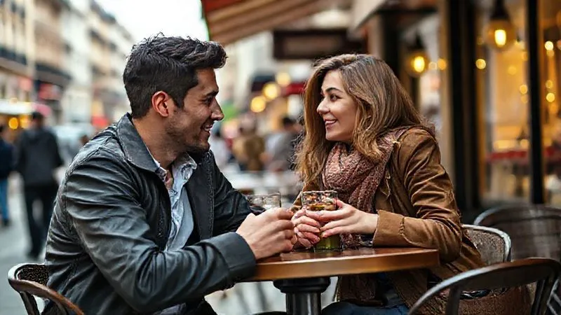 A photorealistic image of two digital nomads, one male and one female, sitting at a bustling outdoor cafe in a European city. They are leaning in, making eye contact, and genuinely engaged in a deep, animated conversation, perhaps discussing a philosophical topic or a travel experience. Their body language conveys connection and mutual understanding. The background is slightly blurred with city life. Cinematic lighting, sharp focus on their faces and expressions, depth of field, 8K hyper-detailed, professional photography.