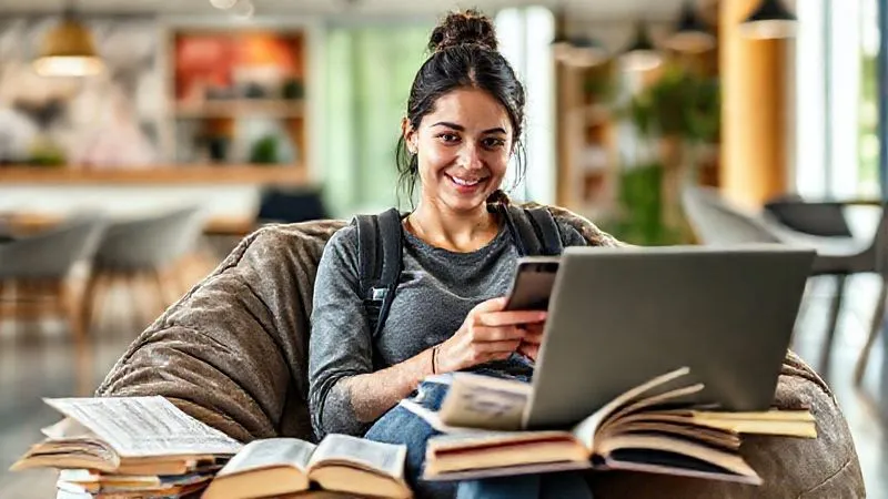 A photorealistic image of a digital nomad, a young woman with a backpack, sitting comfortably on a beanbag chair in a bright, modern co-working space in Bali. She is surrounded by a diverse array of open books in various languages, a laptop displaying a language learning app, and a smartphone with a translation tool open. Her expression is one of engaged curiosity and determination, with a slight smile. Cinematic lighting, sharp focus on the person and her learning tools, depth of field, 8K hyper-detailed, professional photography.