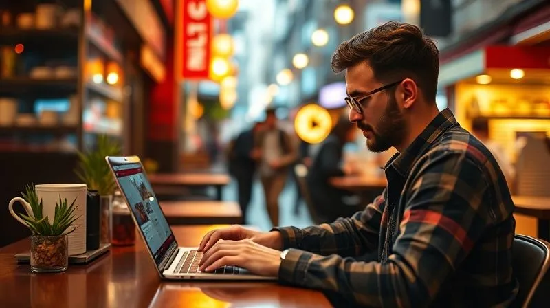 A photorealistic image of a digital nomad working intensely on a laptop at a cafe in a vibrant foreign city, focused and productive, with subtle hints of cultural diversity in the background. Cinematic lighting, sharp focus on the person and laptop, depth of field blurring the background, 8K hyper-detailed, shot on a high-end DSLR.