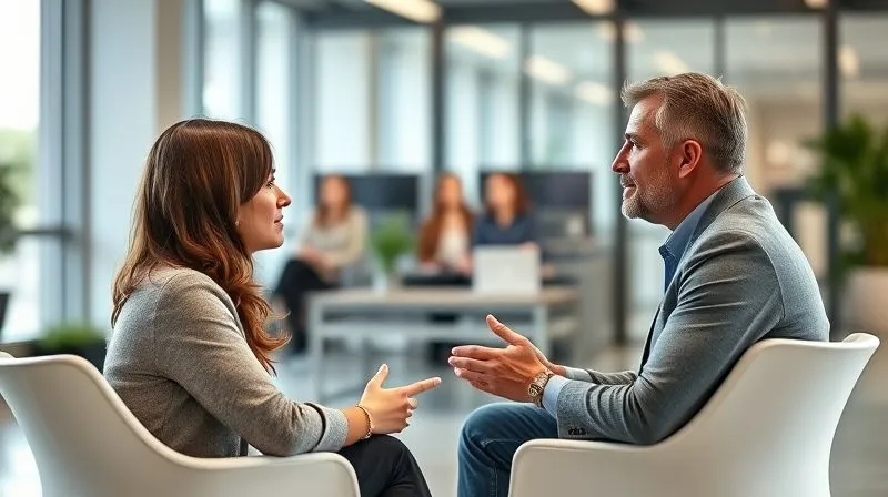A photorealistic image of two people engaged in a role-playing interview exercise, one acting as the interviewer and the other as the candidate, in a bright, modern office setting. They are exchanging feedback constructively. Cinematic lighting, sharp focus on their interaction, depth of field blurring the background, 8K hyper-detailed, shot on a high-end DSLR.