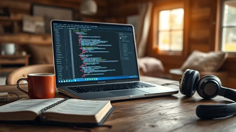 A photorealistic image of a laptop screen displaying a complex VS Code interface with various extensions, showing clean, well-structured code for a web project. The laptop is placed on a sturdy wooden table, surrounded by a travel journal, a thermos of coffee, and a pair of noise-canceling headphones, indicating deep focus. The background is a soft blur of a cozy, rustic cabin interior with natural light filtering through a window. Cinematic lighting, sharp focus on the laptop screen and immediate foreground, depth of field blurring the background, 8K hyper-detailed, shot on a high-end DSLR.