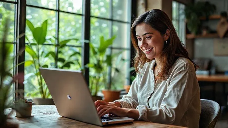A photorealistic, professional photography shot of a female digital nomad (Sofia) happily coding on her laptop in a vibrant, slightly rustic co-working space in Southeast Asia. She wears comfortable, light clothing, and her expression is one of serene concentration and contentment. Lush green plants are visible outside a large window, and the laptop screen shows clean, organized React code. Cinematic lighting, sharp focus on Sofia and her laptop, depth of field blurring the background, 8K hyper-detailed, shot on a high-end DSLR.