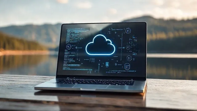 A photorealistic, professional photography shot of a futuristic digital nomad's workspace, featuring a sleek, transparent laptop displaying holographic code and symbols of cloud synchronization seamlessly integrated with a local server icon. The workspace is set against a backdrop of a serene, untouched natural landscape, perhaps a pristine lake or a lush forest, with a soft, ethereal glow. The scene evokes a sense of advanced technology empowering ultimate remote work freedom and self-sufficiency. Cinematic lighting, sharp focus on the holographic interface and the immediate foreground, depth of field blurring the background, 8K hyper-detailed, shot on a high-end DSLR.