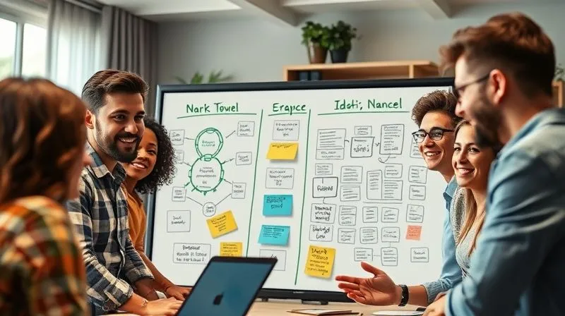 A photorealistic image of a diverse group of professionals from different backgrounds (e.g., marketing, finance, tech) collaborating on a virtual whiteboard displaying complex business diagrams and sticky notes, with some smiling and actively discussing through a video conference interface, cinematic lighting, sharp focus on the collaborative interaction, depth of field blurring the background of their individual home offices, 8K hyper-detailed, professional photography, shot on a high-end DSLR.