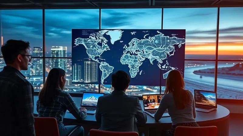 A photorealistic image of a diverse, global team collaborating seamlessly across multiple time zones, with a central screen showing a complex data visualization and individual team members on smaller screens in different environments (e.g., a city skyline at night, a sunny beach, a snowy mountain cabin), all connected by glowing lines of data, cinematic lighting, sharp focus on the interconnectedness, depth of field blurring the distant backgrounds, 8K hyper-detailed, professional photography, shot on a high-end DSLR.