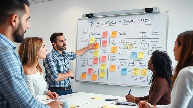 A photorealistic, professional photography, 8K, cinematic lighting, sharp focus, depth of field, shot on a high-end DSLR, depicting a diverse team of professionals around a whiteboard filled with sticky notes and diagrams, collaboratively mapping out skill gaps and future needs. One person points to a specific skill cluster, while others are engaged in discussion, showing thoughtful expressions. The scene is bright, modern, and conveys strategic planning and problem-solving.