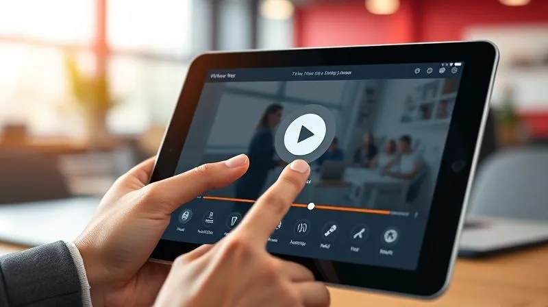 A photorealistic, professional photography, 8K, cinematic lighting, sharp focus, depth of field, shot on a high-end DSLR, showing a user-friendly e-learning platform interface on a tablet, with a finger about to tap a play button on a video lesson. The background is a modern, blurred office setting, emphasizing accessibility and ease of use. The screen displays clear icons, progress bars, and a clean design, suggesting an intuitive user experience.