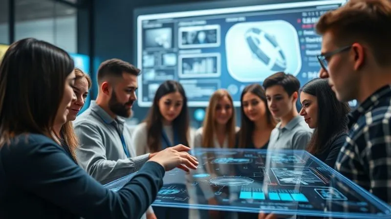 A photorealistic, professional photography, 8K, cinematic lighting, sharp focus, depth of field, shot on a high-end DSLR, showing a futuristic e-learning interface with holographic elements, displaying personalized learning paths and AI-driven recommendations. A diverse group of learners are interacting with the system using gestures and eye-tracking, conveying advanced, intuitive, and highly personalized learning experiences. The environment is sleek, modern, and high-tech.