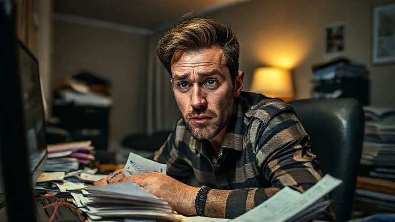 A photorealistic image of a digital nomad looking stressed and overwhelmed, surrounded by a chaotic desk with multiple half-finished projects and low-value invoices. The background is a dimly lit, generic hotel room, conveying a sense of struggle rather than freedom. Cinematic lighting, sharp focus on the person's face, depth of field blurring the messy background, 8K hyper-detailed.