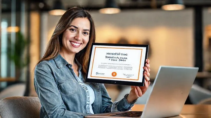 A confident female digital nomad, Sofia, presenting a digital certificate for 'Advanced SEO for SaaS' on her high-resolution laptop screen. She's in a modern, well-lit co-working space, smiling professionally. A subtle 'HubSpot Content Marketing Certified' badge is visible. Cinematic lighting, sharp focus, depth of field, 8K hyper-detailed.