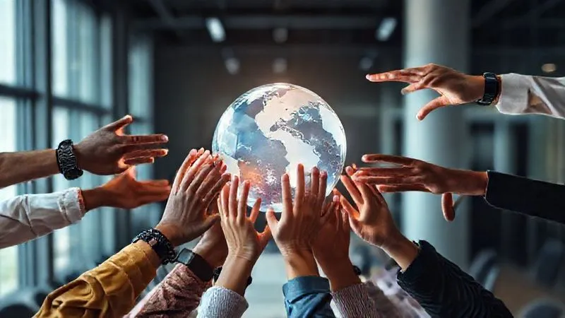 Photorealistic image of diverse hands from different cultural backgrounds (indicated by subtle skin tone variations and accessories) reaching towards a glowing, transparent globe, symbolizing trust and global collaboration in a professional, modern office setting. Cinematic lighting, sharp focus, depth of field. 8K hyper-detailed, shot on a high-end DSLR.