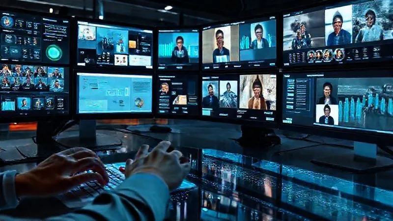 Photorealistic image of a futuristic digital workspace with multiple screens displaying various collaboration tools like project management dashboards, video calls, and shared documents. Hands from different people are subtly visible interacting with keyboards and touchscreens, symbolizing seamless digital collaboration across distances. Cinematic lighting, sharp focus on the screens and hands, depth of field. 8K hyper-detailed, shot on a high-end DSLR.
