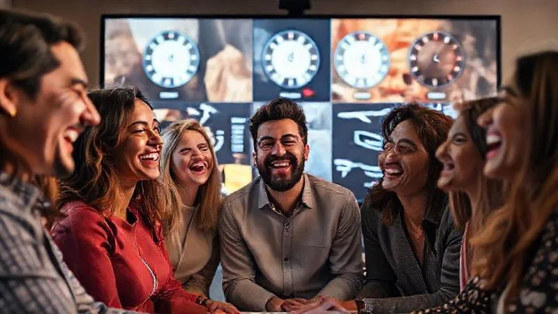 Photorealistic image of a diverse group of people from different countries laughing and interacting joyfully during a virtual team-building event on a large screen, with various time zone clocks subtly integrated into the background. Warm, inviting cinematic lighting, sharp focus on the faces and expressions, depth of field. 8K hyper-detailed, shot on a high-end DSLR, conveying genuine connection and happiness.