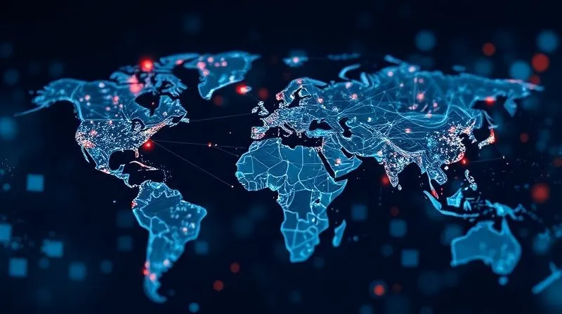 A photorealistic, professional photography, 8K, cinematic lighting, sharp focus, depth of field, shot on a high-end DSLR, depicting a complex network diagram overlayed on a world map, with some connections appearing strong and vibrant, while others are thin, broken, or flickering, symbolizing global internet instability for remote workers.