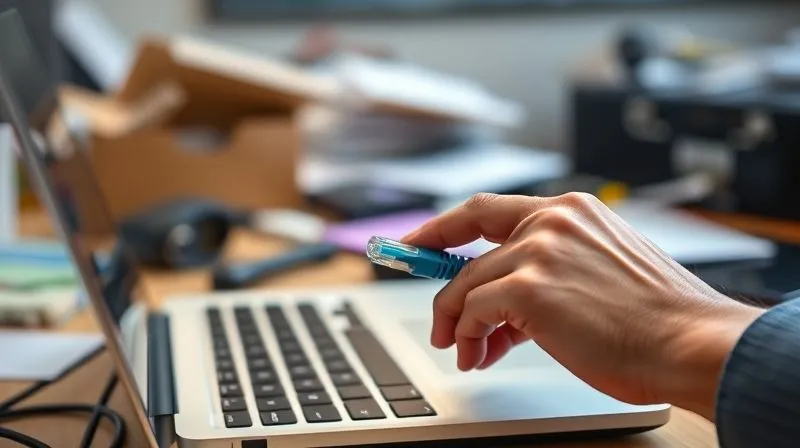 A photorealistic, professional photography, 8K, cinematic lighting, sharp focus, depth of field, shot on a high-end DSLR, showing a person's hands quickly plugging an Ethernet cable into a laptop, with a blurred background of a chaotic desk, symbolizing rapid problem-solving during an internet outage.