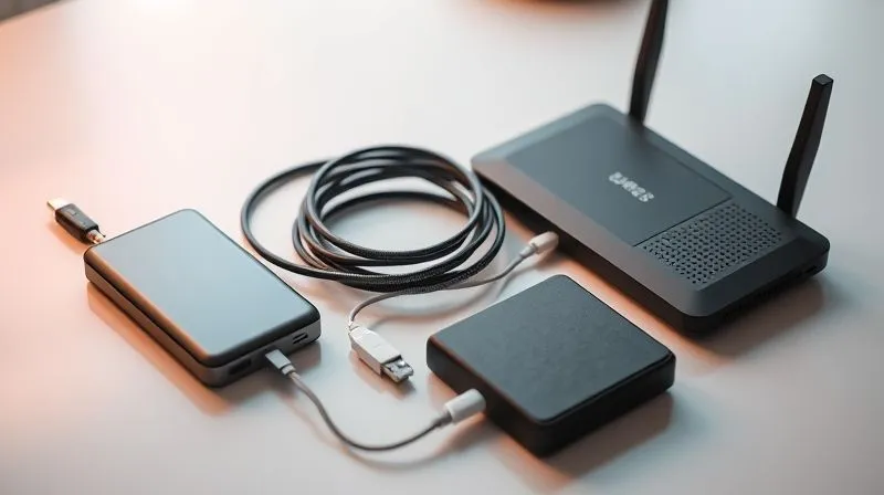 A photorealistic, professional photography, 8K, cinematic lighting, sharp focus, depth of field, shot on a high-end DSLR, showing an organized collection of tech gadgets: a sleek mobile hotspot, a coiled Ethernet cable, a robust power bank, and a modern Wi-Fi router, all neatly arranged on a minimalist desk, symbolizing preparedness and backup solutions.