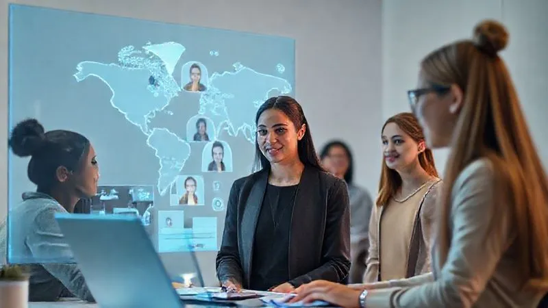A photorealistic image of a diverse group of students from different parts of the world (represented by subtle cultural elements) interacting seamlessly with a tutor on a large, futuristic holographic screen. The tutor is a professional woman, calm and engaged, in a well-lit, minimalist workspace. Cinematic lighting, sharp focus on the interactions, 8K, depth of field. Shot on a high-end DSLR.