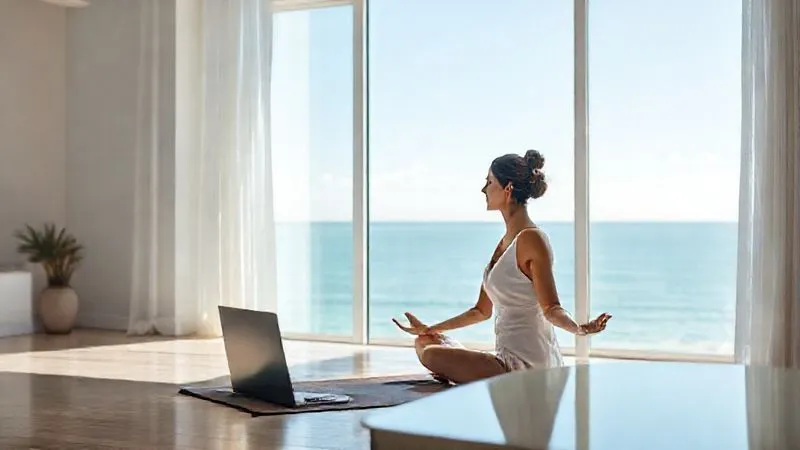 A photorealistic image of a serene professional woman, a nomad tutor, practicing mindfulness meditation on a yoga mat in a sunlit room overlooking a beautiful, calm ocean. Her laptop is closed on a nearby table, symbolizing a clear boundary between work and self-care. Cinematic lighting, sharp focus on the woman, 8K, depth of field. Shot on a high-end DSLR.