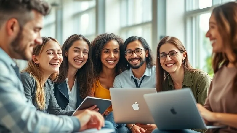 A photorealistic image of a diverse group of digital nomads from different backgrounds, smiling and interacting in a modern, sunlit co-working space, with laptops and notebooks open. They are actively networking and sharing ideas. Cinematic lighting, sharp focus on their engaged faces, depth of field blurring the background. 8K hyper-detailed.