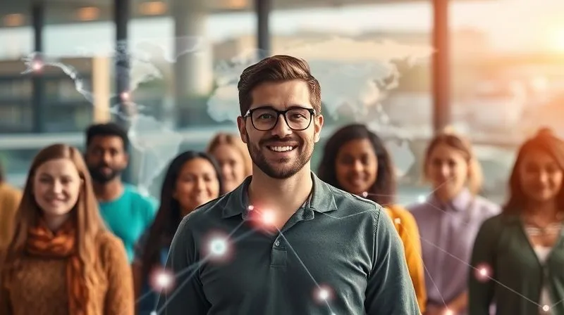 A photorealistic image showing a diverse group of people from different continents connected by glowing lines representing a global network, with a central figure (a digital nomad) at the nexus, smiling confidently. The background features blurred cityscapes and natural landscapes, symbolizing global reach. Cinematic lighting, sharp focus on the connections and the nomad, 8K hyper-detailed.