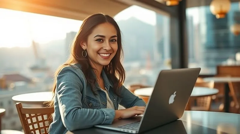 A photorealistic image of a successful digital nomad (Sofia) with a confident smile, working on her laptop in a beautiful, sun-drenched cafe overlooking a bustling Asian city, with clear signs of purposeful work and relaxed enjoyment. Cinematic lighting, sharp focus on Sofia and her laptop, depth of field blurring the vibrant city background. 8K hyper-detailed.