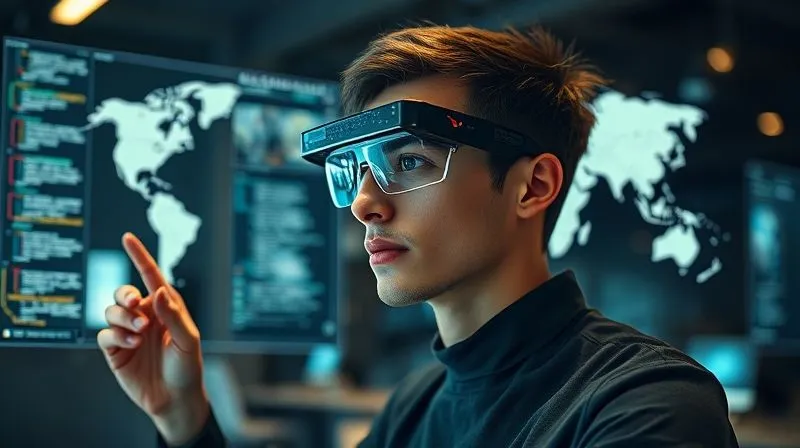 A photorealistic image of a digital nomad wearing futuristic augmented reality glasses, interacting with holographic interfaces that display complex data, code, and a global map. The nomad is in a sleek, minimalist co-working space, surrounded by advanced technology. Cinematic lighting, sharp focus on the nomad and the glowing interfaces, depth of field blurring the background. 8K hyper-detailed.