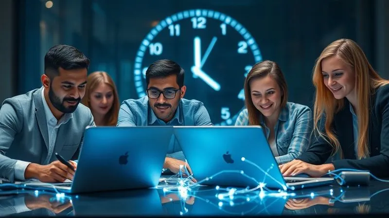 A photorealistic image of a diverse group of professionals from different time zones, each on a laptop, with glowing digital lines connecting them, symbolizing seamless communication. In the background, a subtle visual representation of a clock or timeline. Cinematic lighting, sharp focus, 8K.