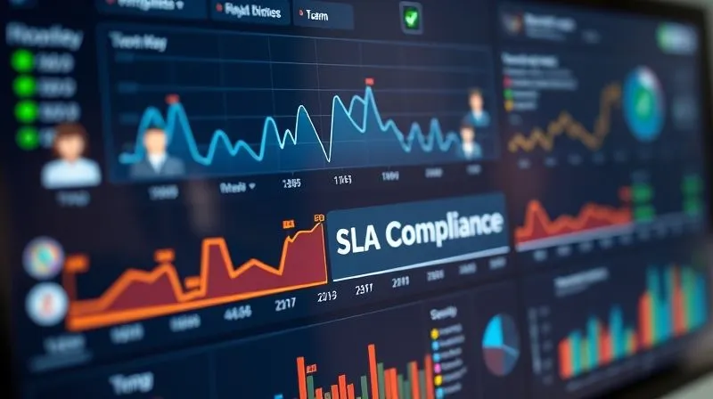 A photorealistic image of a digital dashboard displaying key performance indicators (KPIs) and project timelines, with various team members' avatars connected by lines. A prominent section highlights "SLA Compliance" with green checkmarks. Cinematic lighting, sharp focus, 8K, conveying precision and accountability.