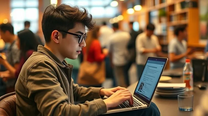 A photorealistic image depicting a student taking an online exam on a laptop in a bustling, diverse environment, possibly a vibrant co-working space or a lively cafe, with various cultural elements in the background. The student maintains focus amidst distractions, symbolizing the challenges of nomadic learning environments. Cinematic lighting, sharp focus on the student and laptop screen, depth of field blurring the background action. Professional photography, 8K hyper-detailed, shot on a high-end DSLR.