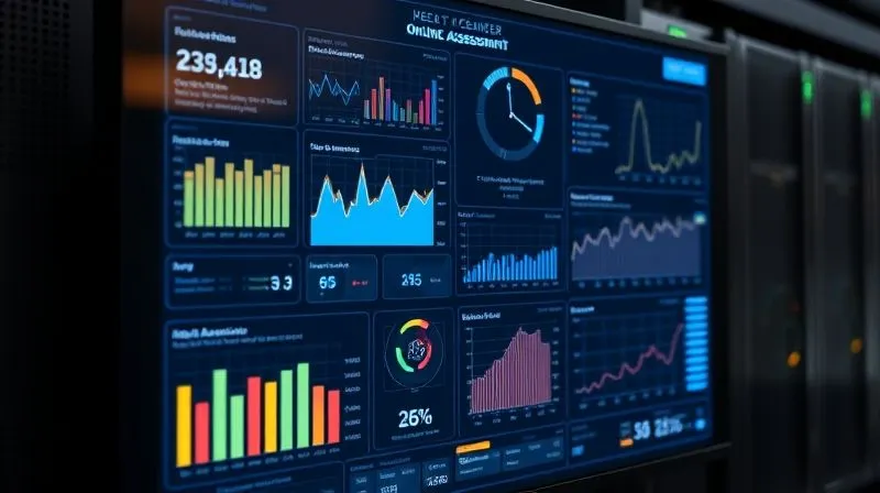 A photorealistic image of a complex digital dashboard displaying real-time data from multiple online assessments. Various graphs, heatmaps, and alert indicators are visible, highlighting suspicious activities like eye movements off-screen or multiple browser tabs open. The interface is clean and professional, with a subtle glow, conveying advanced technological monitoring. Cinematic lighting, sharp focus on the dashboard, depth of field blurring a background of server racks or a data center. Professional photography, 8K hyper-detailed, shot on a high-end DSLR.