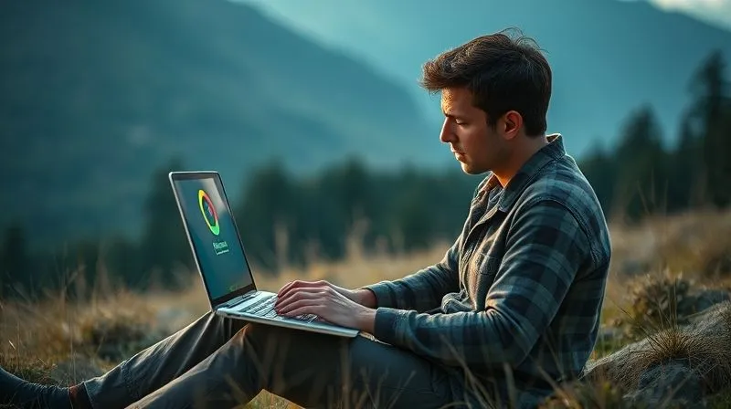 A photorealistic image of a frustrated digital nomad, laptop open, looking despairingly at a spinning loading icon on the screen, while sitting in a beautiful but isolated natural setting. The cinematic lighting emphasizes the contrast between the serene environment and the technological frustration, sharp focus on the laptop, depth of field. Shot on a high-end DSLR.