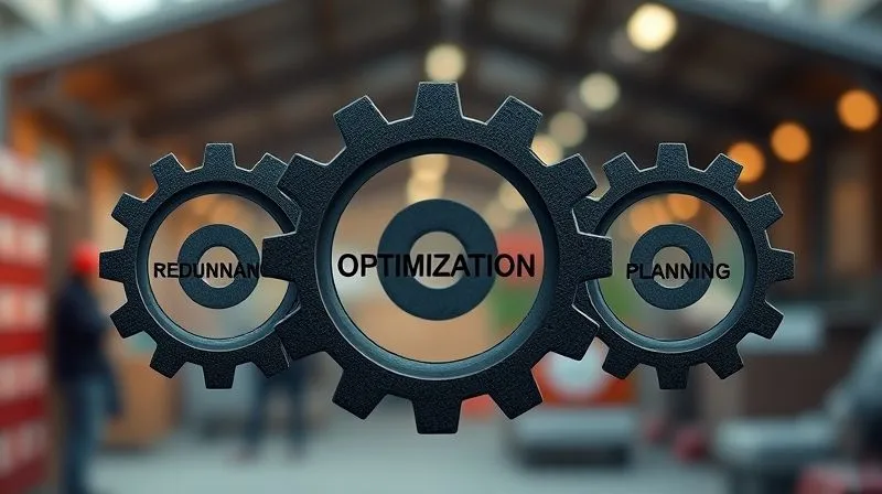 A photorealistic image of three interconnected gears, each labeled 'Redundancy', 'Optimization', and 'Planning', turning smoothly together against a blurred background of a digital nomad working outdoors, cinematic lighting, sharp focus on the gears, 8K hyper-detailed, professional photography, depth of field. Shot on a high-end DSLR.