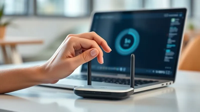 A photorealistic, professional photography, 8K image of a hand adjusting a small, sleek portable Wi-Fi router, with a laptop in the background showing a stable internet connection graph. The scene is set on a minimalist desk in a bright, modern co-working space, cinematic lighting, sharp focus on the router, depth of field. Shot on a high-end DSLR.