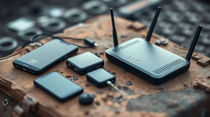 A photorealistic, professional photography, 8K image showcasing a collection of essential digital nomad connectivity gear: a sleek portable power bank, a compact Wi-Fi hotspot, a small external high-gain antenna, and a durable travel router, neatly arranged on a rugged, textured surface. Cinematic lighting, sharp focus on the devices, depth of field. Shot on a high-end DSLR.