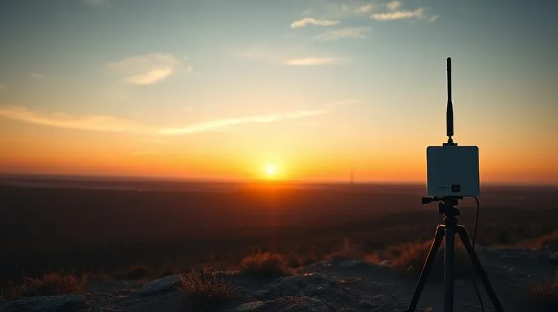A photorealistic, professional photography, 8K, cinematic lighting, sharp focus, depth of field, shot on a high-end DSLR, showing a rugged portable 5G router connected to a high-gain directional antenna mounted on a small tripod, overlooking a vast, remote natural landscape at sunset. The antenna is clearly pointing towards a distant, faint cell tower. The scene evokes a sense of advanced technology enabling remote work.