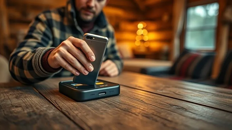 A photorealistic, professional photography, 8K, cinematic lighting, sharp focus, depth of field, shot on a high-end DSLR, showing a digital nomad quickly setting up a backup mobile hotspot device, with multiple SIM cards laid out on a rugged wooden table. The background is a blurred, cozy but rustic cabin interior, suggesting a plan B in action. The mood is calm and prepared.