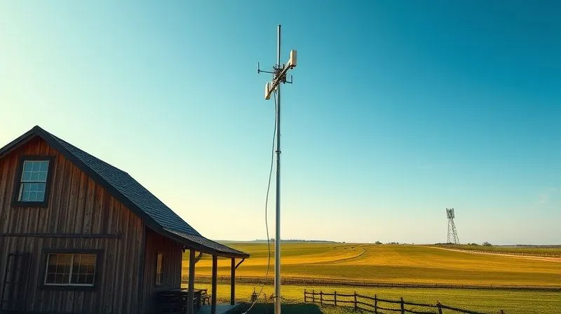 Photorealistic image of a high-gain directional 4G/5G antenna mounted on a tall pole outside a rustic farm house, clearly pointing towards a distant cell tower. The sky is clear, and the landscape is green and vast. Professional photography, 8K, cinematic lighting, sharp focus, depth of field.