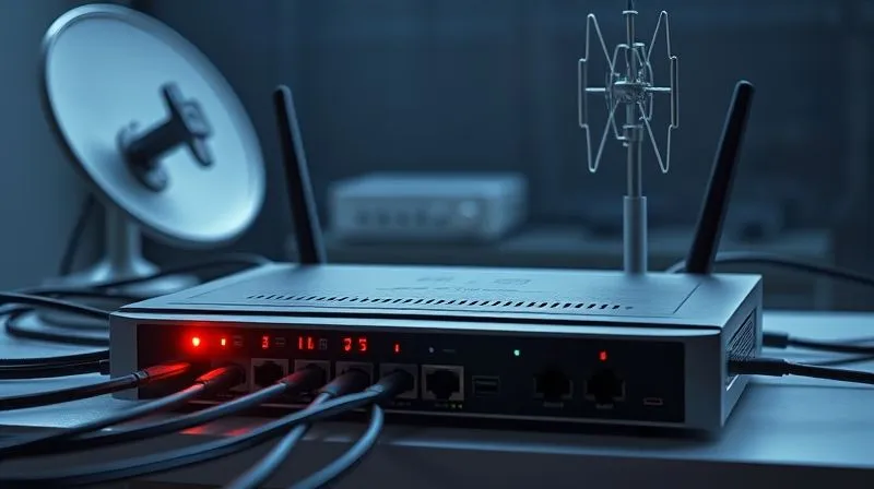 Photorealistic image of a sophisticated multi-WAN router with multiple cables connected, one leading to a satellite dish, another to a cellular antenna, and several to internal network devices. The router has blinking lights indicating active data flow. Professional photography, 8K, cinematic lighting, sharp focus, depth of field.