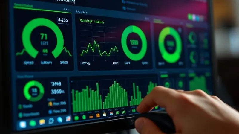 Photorealistic image of a computer screen displaying a network monitoring dashboard with real-time graphs showing internet speed, latency, and uptime. The graphs are green and healthy, indicating a stable connection. A hand is seen interacting with a mouse. Professional photography, 8K, cinematic lighting, sharp focus, depth of field.