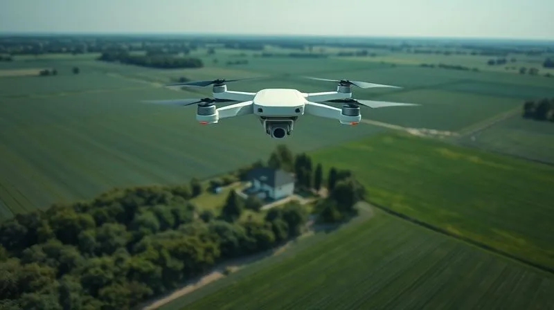 Photorealistic image of a drone flying high above a vast, green rural landscape with a small, modern house nestled among trees. The drone is subtly emitting a glow, symbolizing wireless connectivity and the future of remote work. The sky is clear, and the lighting is bright and optimistic. Professional photography, 8K, cinematic lighting, sharp focus, depth of field.