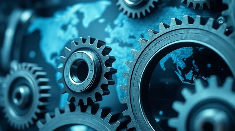 A photorealistic image of gears turning seamlessly, representing automation and efficiency, with a stylized world map subtly integrated into the background. Cinematic lighting, sharp focus, depth of field, 8K hyper-detailed, professional photography.