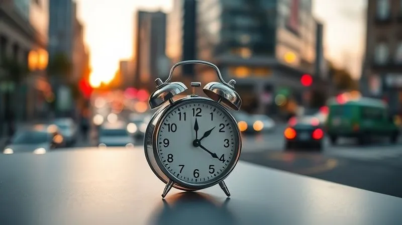 A photorealistic image of a vintage alarm clock on a minimalist desk, with a blurred background of a bustling city street at sunrise, symbolizing effective time management and productivity. Cinematic lighting, sharp focus on the clock, depth of field, 8K hyper-detailed, professional photography.