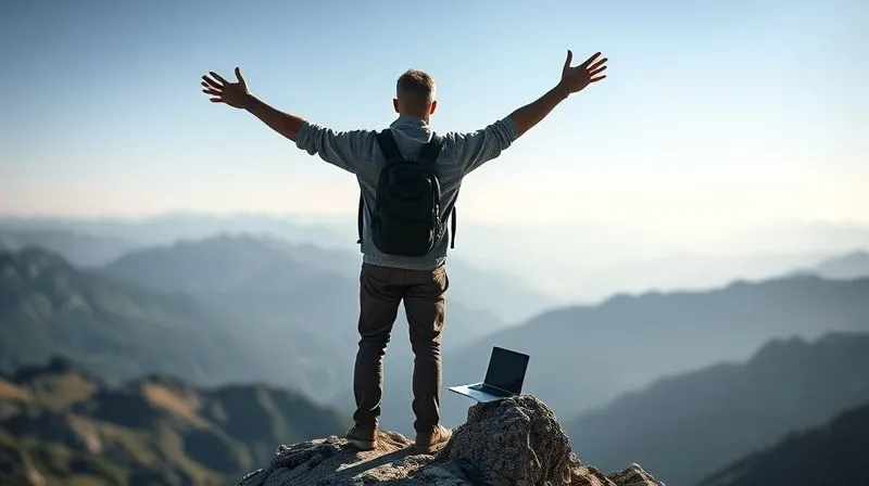 A photorealistic image of a person standing on a mountain peak, arms outstretched, overlooking a vast, beautiful landscape with a small, stylized laptop glowing subtly in the foreground, representing achievement, freedom, and consistent success in a nomadic lifestyle. Cinematic lighting, sharp focus on the person, depth of field blurring the distant mountains, 8K hyper-detailed, professional photography.