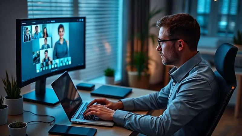 A professional person in a modern home office setting, actively typing on a laptop and looking at a virtual meeting on a second monitor, with a subtle glow around their head symbolizing clear communication. Photorealistic, professional photography, 8K, cinematic lighting, sharp focus, depth of field, shot on a high-end DSLR.