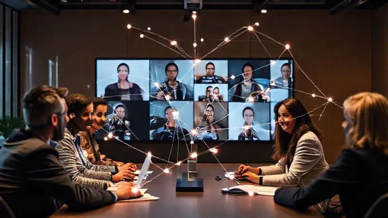 A diverse group of professionals engaged in a high-quality video conference call, with a network of glowing lines connecting their virtual avatars, symbolizing strong virtual networking and collaboration. Photorealistic, professional photography, 8K, cinematic lighting, sharp focus, depth of field, shot on a high-end DSLR.