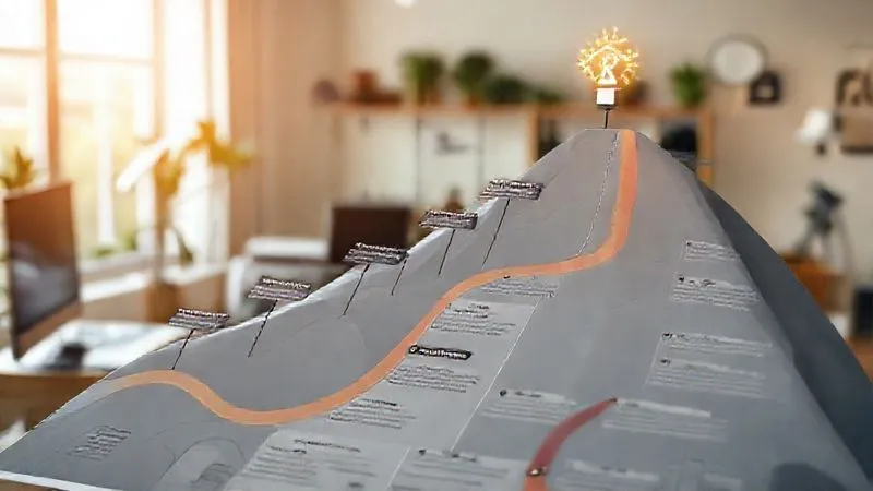 A detailed career roadmap chart, with various paths and milestones, leading up a winding path towards a shining promotion icon at the top, set in a professional home office background. Photorealistic, professional photography, 8K, cinematic lighting, sharp focus, depth of field, shot on a high-end DSLR.