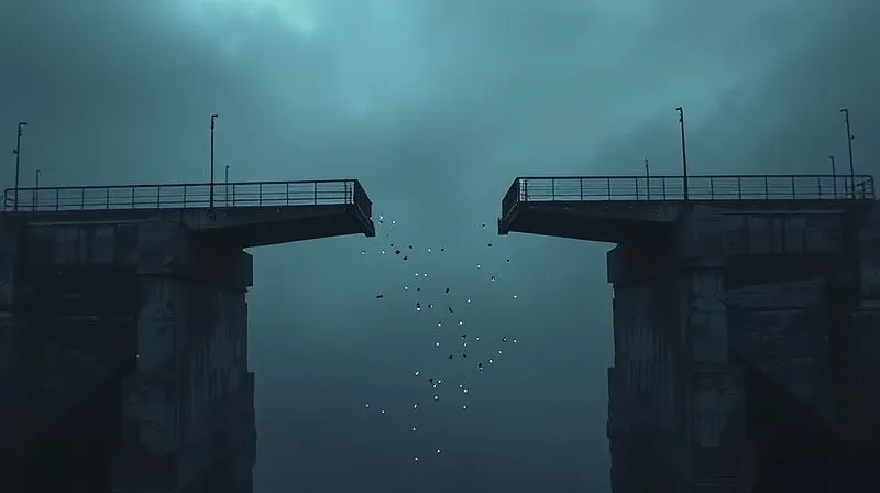 A photorealistic image of a broken bridge with a large gap, symbolizing a disconnect between candidate assessment and real job performance. The bridge is made of digital data points, with some falling into the abyss. Gloomy, dramatic lighting. Shot on a high-end DSLR, 8K hyper-detailed.