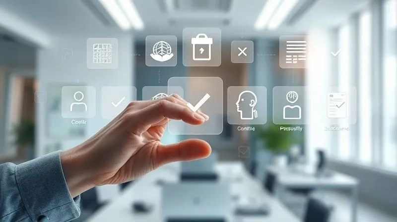 A photorealistic image of a diverse set of digital assessment tools floating in a holographic interface, each representing a different type of test (cognitive, personality, situational). A hand hovers over them, making a selection. Clean, futuristic office background. Cinematic lighting, sharp focus. Shot on a high-end DSLR, 8K hyper-detailed.