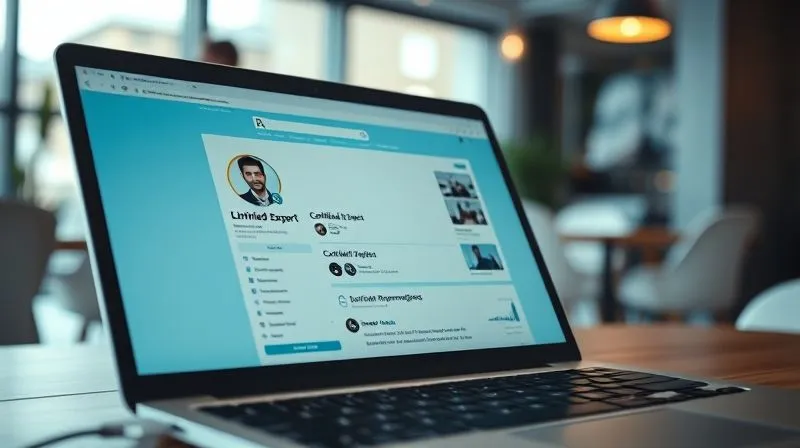 A photorealistic close-up of a professional and engaging LinkedIn profile on a laptop screen, highlighting a 'Certified Expert' badge and positive recommendations, with a blurred background of a modern co-working space. Cinematic lighting, sharp focus, 8K hyper-detailed.